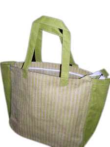 Striped jute Shopping <b>Bag</b> With Zipper Closure Large Size For Groceries Green And Pink Pattern Hand Carry Handle - Product Image 4
