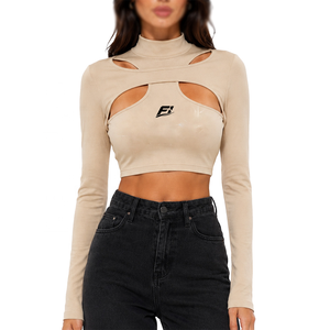 Women's Long Sleeve <b>Mock</b> <b>Neck</b> Cutout Crop <b>Top</b> Stretch Slim Fit Casual Fashion Shirt Soft Fabric Custom Logo Tee women's shirt - Product Image 1