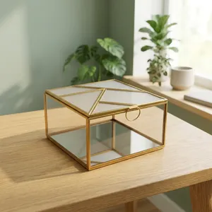 ARTISAN DESIGN Luxury Brass Glass Mirror Jewelry <b>Box</b> Storage Decorative <b>Trinket</b> Organizer Wedding Gift <b>Box</b> for Rings & Necklaces - Product Image 2