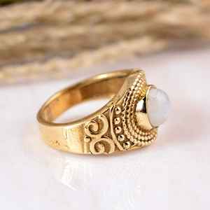 Handmade Botanical Moonstone <b>Statement</b> <b>Ring</b> 14K Gold Plated Brass Boho Hippie Style Nature Inspired Leaf Band Delicate Blue <b>Ring</b> - Product Image 2