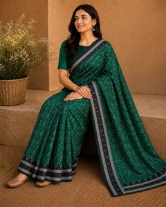 Sari en soie pure tissé à la main élégant, vert foncé, motif Ikat, bordure noire, sari traditionnel indien pour les fêtes et les occasions spéciales - Product Image 2