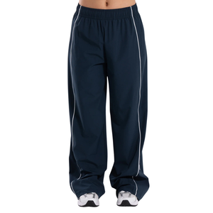 Pantalon de survêtement bleu marine pour femme avec bande latérale contrastante, coupe décontractée, taille élastique, jambe large, idéal pour l'entraînement et les activités sportives - Product Image 1