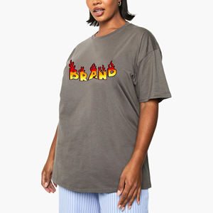 Plus Size Women's Oversized Crew Neck T-<b>Shirt</b> Gray Short Sleeve Loose Fit 100% Cotton Jersey <b>Flame</b> Logo Print All Seasons - Product Image 1