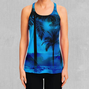 Camiseta sin mangas para mujer con estampado de palmeras azules, cuello redondo, tejido casual, transpirable, 100% poliéster, estampado por sublimación. - Product Image 5