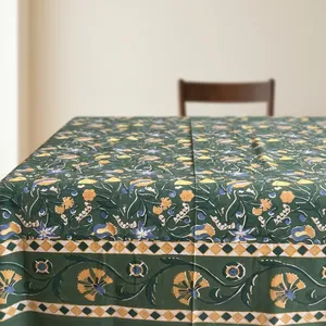 Classic <b>Green</b> Floral Printed Cotton <b>Tablecloth</b> Square Washable Home Decor Block Printed <b>Tablecloth</b> 100% cotton - Product Image 2