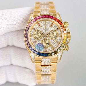 Reloj de Lujo con Bisel Arcoíris, Estilo Hip Hop, Automático ETA, Acero Inoxidable, Acabado Dorado, Diseño de Diamantes, Cronógrafo de 40 mm - Product Image 1