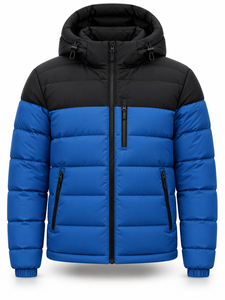 Veste matelassée à capuche pour homme, color-block noir et bleu, rembourrage en polyester, imperméable, séchage rapide, coupe-vent, fermeture éclair, hiver - Product Image 1