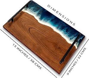 Handcrafted Acacia Wood & Blue Ocean Resin Serving Tray with Matte Black Metal Handles Large Wooden Ocean Wave Resin Art Serving - Product Image 3