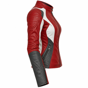 Chaqueta de cuero genuino de vaca para mujer, color rojo carmesí, blanco y carbón, ajustada, para carreras, motocross, ciclismo y deportes. - Product Image 3