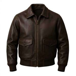 Chaqueta de Cuero Genuino de Vaca para Hombre, Estilo Motero, Marrón, Cierre de Cremallera, Cuello Alto, Transpirable, Ropa Urbana para Otoño e Invierno - Product Image 1