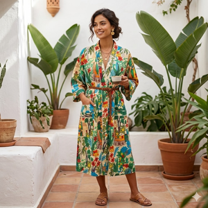 ชุดกิโมโนผ้าฝ้ายลายดอกไม้สีขาวสไตล์โบโฮ |   ชุดคลุมยาวทำมือสำหรับผู้หญิง |   ชุดเดรสคอวีแขนยาวสำหรับใส่ในรีสอร์ทที่เป็นมิตรต่อสิ่งแวดล้อม - Product Image 2