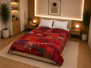 Couvre-lit réversible en coton patchwork bordeaux, écologique, taille Queen, vintage, artisanal, style bohème, textile héritage du Rajasthan - Product Image 2