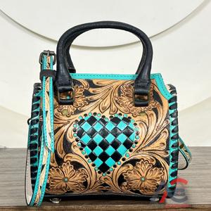 Sac de voyage en cuir artisanal Western avec motif cœur turquoise, sac fourre-tout, sacoche cylindrique, sacs à main de mode pour femmes - Product Image 1