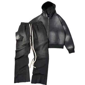 Ensemble sweat à capuche oversize dégradé pour homme, coupe droite, zippé, décontracté, pour l'automne, couleur dégradée noire, en molleton bouclette tricoté - Product Image 1