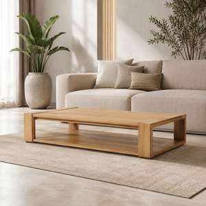 Table basse en teck sur mesure, profil bas, à deux niveaux, en bois massif, pour projets de mobilier contractuel, vente en gros au Moyen-Orient - Product Image 1