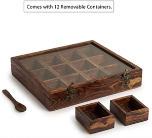 Boîte à épices en bois de Sheesham avec 12 compartiments et 2 cuillères, organiseur de rangement pour épices de cuisine, boîte à épices en bois Masala Dabba - Product Image 2