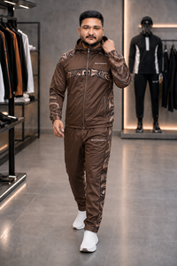 REXFIT SPORTS 2026 Custom <b>Men</b>’s Brown Nylon Tracksuit Set Full Zip Hooded <b>Jacket</b> and Pants Printed Panels Custom Sportswear - Product Image 2