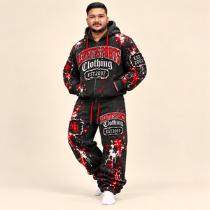Survêtement noir et rouge premium de REXFITSPORTS, avec sweat à capuche en tissu polaire, poignets côtelés, taille à cordon de serrage et coupe décontractée. - Product Image 6