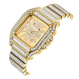 Montre de luxe style Hip Hop carrée en acier inoxydable doré, avec mouvement ETA, entièrement sertie de diamants baguette, style Bling Bling Rapper - Product Image 6
