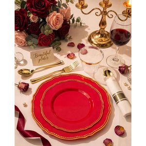 350pcs Red Gold Plastic <b>Dinnerware</b> Set Includes 50 Dinner Plates 50 Dessert Plates 50 Cups with Pre-Ready Liners - Product Image 3
