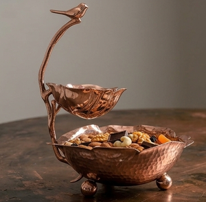 Handmade Copper Two Tier Nut Bowl <b>Stand</b> with Bird Topper Decorative Dry Fruit Serving Dish - Product Image 1