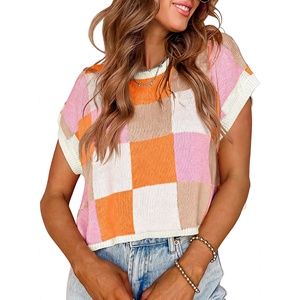 SAJZA INTERNATIONAL Women's Casual Breathable Plaid Jacquard Sleeveless Short Crop Vest Summer Thin Color <b>Block</b> Knit Shirt - Product Image 1