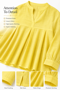 Haut d'été bohème jaune vif pour femmes |   Lin/coton respirant de qualité supérieure, design plissé élégant, service ODM, confortable et chic - Product Image 6