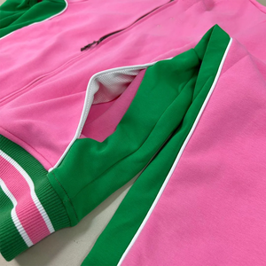 ชุดลำลองสำหรับผู้หญิงสีชมพูและสีเขียว เสื้อแจ็คเก็ตแขนยาวและกางเกงขายาวพร้อมคอตั้งและลายทาง - Product Image 4