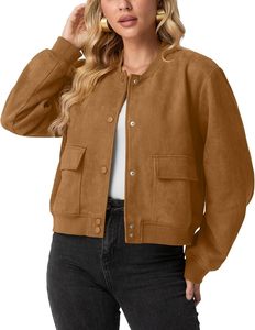 New Brown Varsity Jacket Soft Bomber <b>Coat</b> Casual Baseball Jacket for Lady Fashion Pocket Design Button Up Sportswear <b>Top</b> Women - Product Image 1