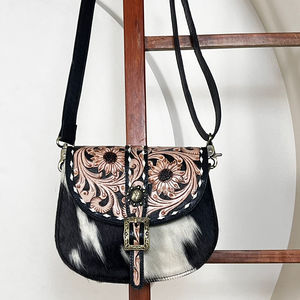 Sacs bandoulière en cuir de vachette véritable 2026, style vintage, ornés de motifs floraux, sacs à main occidentaux pour femmes - Product Image 4