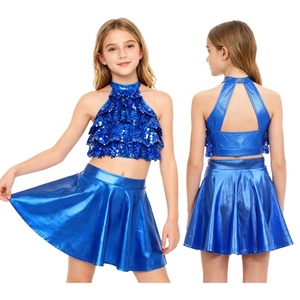 ชุดเต้นรำสำหรับเด็กผู้หญิงอายุ 6-16 ปี แฟชั่นชุดเต้นลีริคอล ชุดแสดงเต้นรำ เสื้อครอปท็อปพร้อมกระโปรงเมทัลลิก สำหรับฝึกซ้อมเต้นบอลรูม - Product Image 2