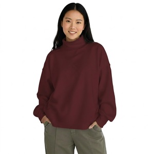 Sudadera de cuello alto extragrande para mujer, de color liso, con hombros caídos, manga larga, de punto de algodón, para otoño - Product Image 1