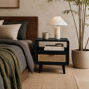 Mueble de Dormitorio, Mesita de Noche de Madera de Teca Premium, Estilo Moderno de Mediados de Siglo, Calidad de Exportación, Nero Woven, 1 Cajón, Acabado Negro - Product Image 5