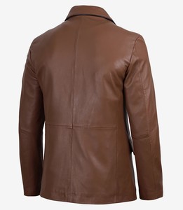 <b>Men's</b> Genuine <b>Leather</b> <b>Blazer</b> Brown Formal Suit Jacket Black Contrast Piping Premium Notch Lapel Two Button Single Breasted Slim - Product Image 2