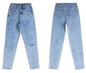 Jean taille haute coupe droite grande taille pour femme, longueur intégrale, en denim délavé et déchiré, coupe décontractée, en coton - Product Image 6