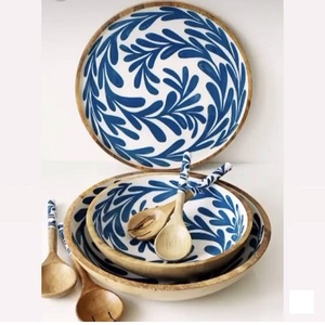 Bol à salade en bois émaillé à motif floral, écologique, avec cuillère et fourchette, ensemble d'ustensiles de cuisine durables - Product Image 1