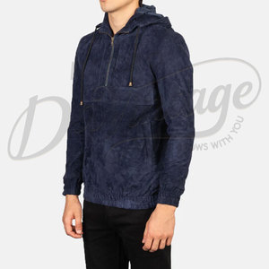 Veste Anorak à Capuche Homme en Daim Bleu Marine, Coupe Slim, Décontractée, Demi-Zip, en Daim Véritable Doux, Tendance - Product Image 5