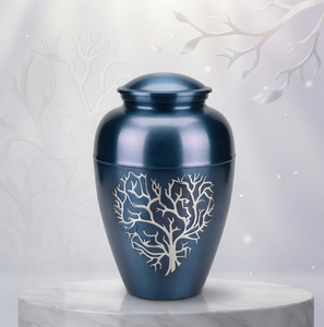 Blue Colored Classic Metal Ashes Storage Jar Tree Etched Desisn Cremation Urns <b>Memorial</b> <b>Keepsake</b> for Adult Burial Funeral - Product Image 1