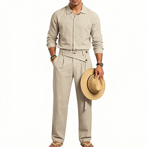 Ensemble décontracté pour homme, tenue d'été décontractée, coton tissé respirant, costume deux pièces, vêtements décontractés haut de gamme pour homme - Product Image 2