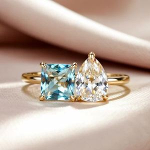 Anillo de Compromiso Toi Et Moi en Plata de Ley, Chapado en Oro de 18k, Corte Pera, Moissanita, Engaste Geométrico, Aniversario de Bodas - Product Image 1