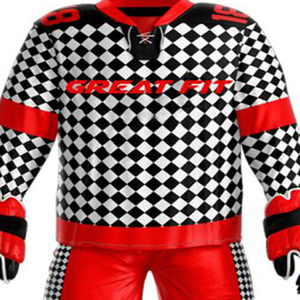 Conjunto de Uniforme de Hockey para Hombre GREAT FIT, Jersey y Pantalones a Cuadros Negros y Blancos con Detalles Rojos, Guantes Transpirables de Poliéster con Estampado por Transferencia de Calor - Product Image 5