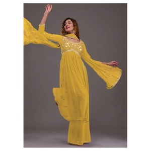 PARTY WEAR GEORGETTE BORDADO SECUENCIA TRABAJO NAYRA CORTE TOP INFERIOR CON DUPATTA AMARILLO - Product Image 1
