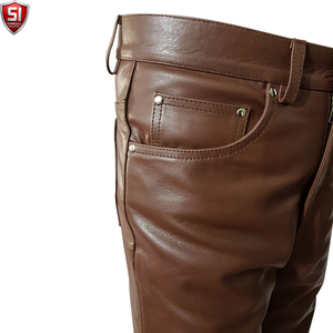 Brown Leather Windproof Midweight <b>Pants</b> for Men <b>Straight</b> <b>Leg</b> Mid Waist Button Fly OEM Custom Winter Casual Wear - Product Image 5