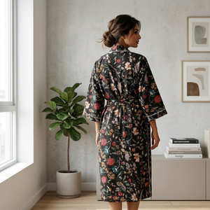 Bata Kimono de Algodón con Estampado Floral Negro para Mujer, Cuello en V, Ropa de Estar por Casa, Bata de Baño de Manga Larga con Cinturón y Bolsillos - Product Image 6