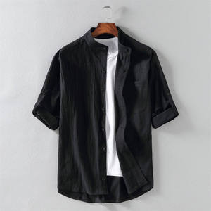 <b>Summer</b> Breathable Knitted <b>Linen</b> Cotton Satin Casual Anti-Wrinkle Plain Dyed Full Sleeve Men's <b>Shirt</b> - Product Image 2