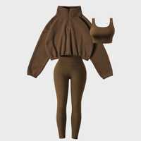 Ensemble de yoga sans couture personnalisé pour femme, confortable, 3 pièces : pull en polaire, veste d'entraînement extensible dans les quatre sens pour l'hiver et soutien-gorge de sport
