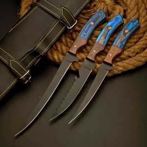 Custom Hand-Forged Damascus Steel 3. PCS Fillet Knife Set | Custom Wooden Handle Hunting Knife with Brass Pins & Leather Cover - Product Image 1