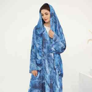 Abaya musulmane moderne bleu marine élégante pour femmes, style Dubaï, robe longue islamique modeste à devant ouvert avec ceinture perlée légère - Product Image 6