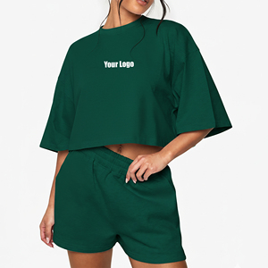 Ensemble décontracté 2 pièces de haute qualité pour femme, avec haut court en dentelle et short, broderie personnalisée, logo imprimé, couleur unie, 100% coton - Product Image 1