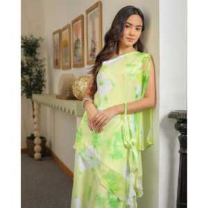 Ensemble Kurta Bohème Vannes à une épaule en vert, taille XS, en tissu mousseline - Product Image 4